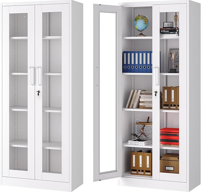 SISESOL Metal Storage Cabinet with Lock and Glass Doors,Glass Display Cabinet,67" Tall White Storage Cabinets,Locking Curio Cabinets with 5 Shelves for Collectibles,Home,Office,Living Room