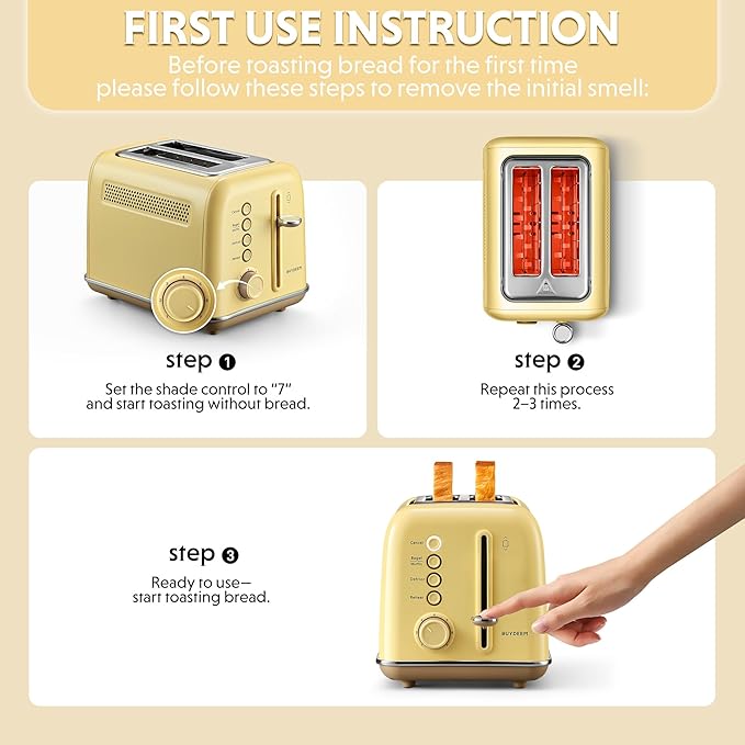BUYDEEM DT620 2-Slice Toaster, Extra Wide Slots, Retro Stainless Steel with High Lift Lever, Bagel and Muffin Function, Removal Crumb Tray, 7-Shade Settings,Mellow Yellow