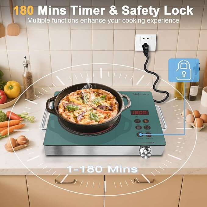 Single Burner Electric Cooktop 1800W, One Burner Electric Stove 110V, Countertop Electrics Burner with Knob & Touch Control, 180Mins Timer, 3 Cooking Mode & Safety Lock, 110V Plug in(Green)