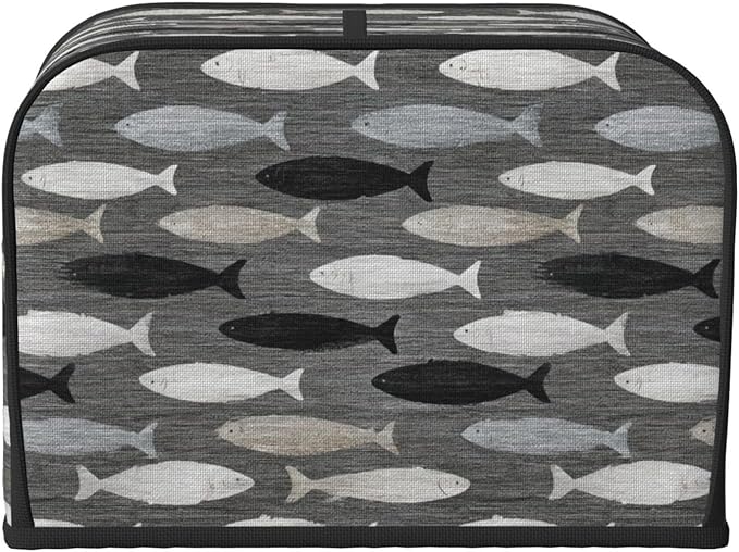 4 Slice Toaster Cover for Kitchen Gray Fish Pattern Waterproof and Dustproof Oxford Fabric Toaster Dust Cover with Side Pockets Decorative Universal Cover for Wide Slot Toasters and Small Appliances