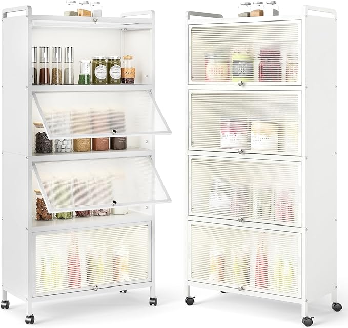 Giantex 5-Tier Kitchen Storage Cabinet, 60" H Mobile Microwave Stand with Flip-up PC Doors, Freestanding Kitchen Bakers Rack with 4 Rolling Casters, for Dining Room, Living Room and Study (White)