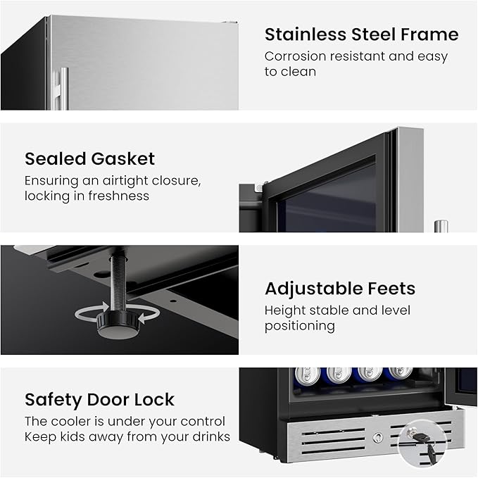 Yeego 15 Inch Beverage Refrigerator, 100-Can Beverage Cooler with Lock & Auto Defrost, Stainless Steel Indoor & Covered Outdoor Beverage Fridge, Freestanding or Under Counter for Beer, Soda & Wine