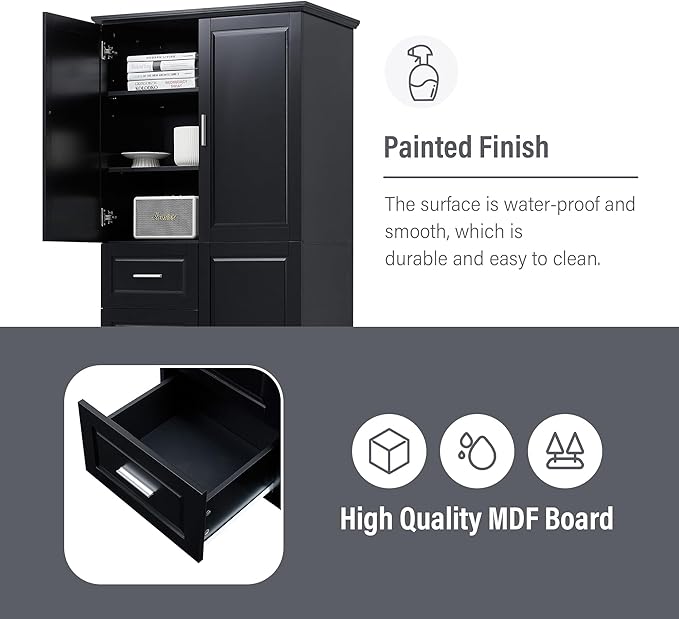 62.2" Wide Storage Cabinet Pantry Cupboard with Doors and Drawers for Home Kitchen, Bathroom and Living Room, Adjustable Shelf, Black