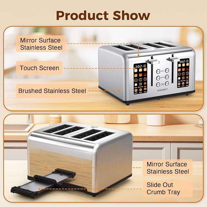 4 Slice Touch Screen Toaster, Easy-to-Use Digital Stainless Steel Toaster with Wide Slots, Reheat Defrost Cancel, Removable Crumb Tray, Silver