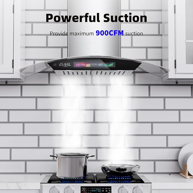 36 inch Wall Mount Range Hood Tempered Glass 900 CFM, Voice/Gesture/Touch Control, Stainless Steel Kitchen Hood Vent with 4 Speed Exhaust Fan, Adjustable Lights, Memory Mode