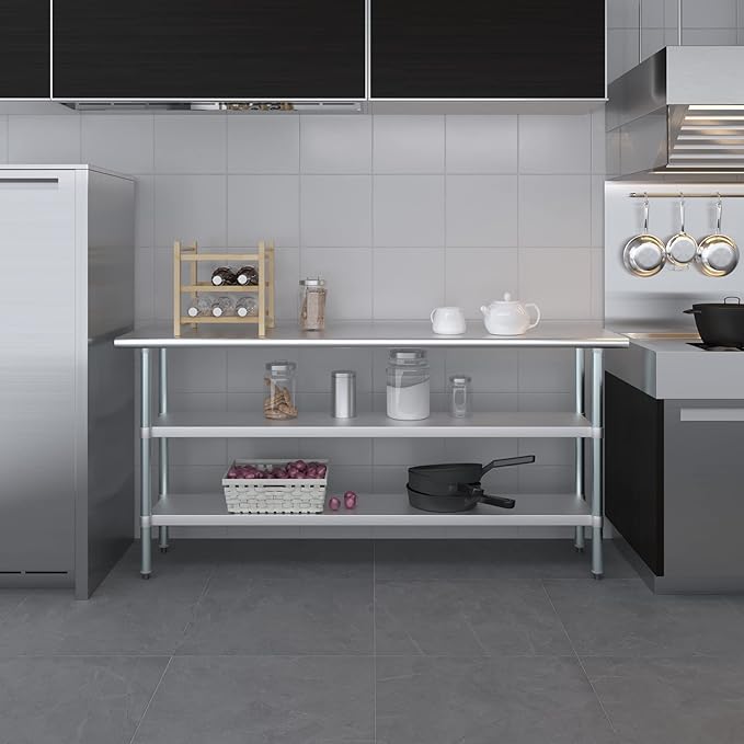 AmGood Stainless Steel Work Table with 2 Shelves | NSF | Metal Utility Table (72" Long x 18" Deep)