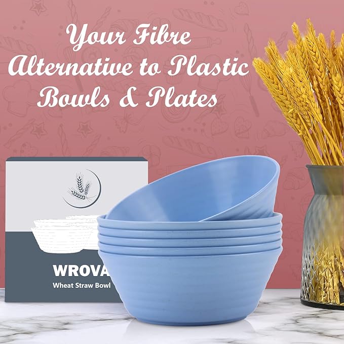 Wrova Wheat Straw Bowl Sets,6 PCS Unbreakable Cereal Bowl 50 OZ,Microwave and Dishwasher Safe Bowls,Super Big Bowl Sets BPA Free for Serving Cereal,Oatmeal and Salad (Sky Blue)