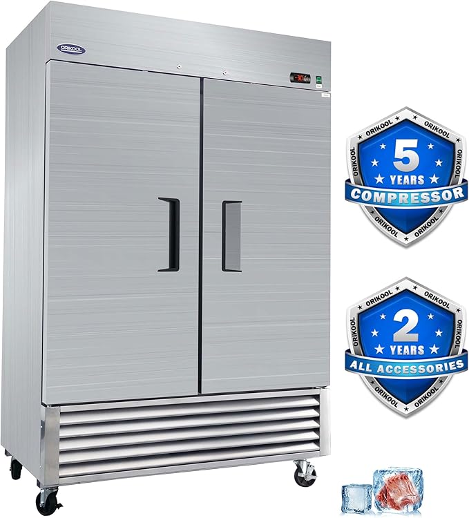 54" Commercial Upright Freezer with 2 Solid Door, 46 Cu.Ft Stainless Steel Reach-in Freezer, -10℉ ~ 10℉, Fan Cooling Freezer with 6 Shelves for Restaurant Bar Garage, ETL and DOE Approved