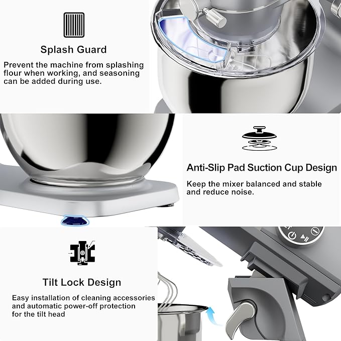 8.45 QT All Metal Stand Mixer,10 Speed Large Capacity Kitchen Mixer with Digital Timer & Tilt-Head, Electric Mixer with Whisk Dough Hook Mixing Beater for Baking,Cakes,Cookie,Bread,Salad(Silver)