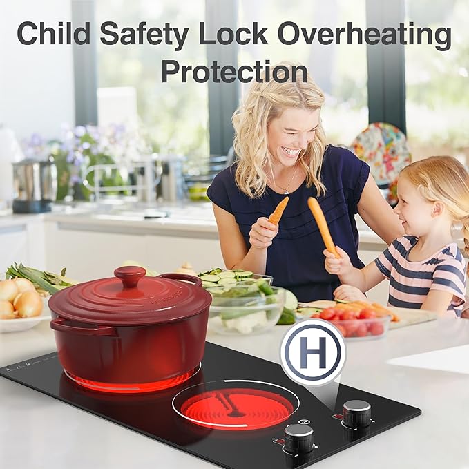 Electric Cooktop,110V 2100W Electric Stove Top with Knob Control, 10 Power Levels, Kids Lock & Timer, Hot Surface Indicator, Overheat Protection,Built-in Radiant Double induction cooktop