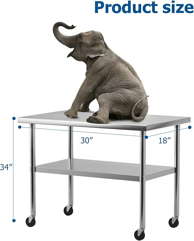 30" x 18" Stainless Steel Work Table NSF Certified Heavy Duty Commercial Kitchen Prep Table with Undershelf & Caster Wheels for Home, Restaurant, Hotel, Silver