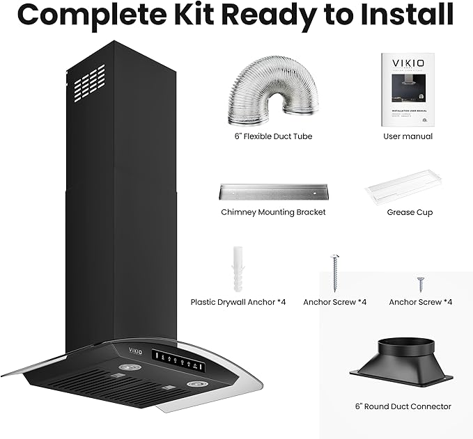 Black 36 inch Wall Mounted Range Hood Glass 900 CFM, Stainless Steel Kitchen Hood Vent with Gesture/Touch Controls, 3-Speed Exhaust Fan and Stainless Steel Baffle Filter, 2 LED Lights