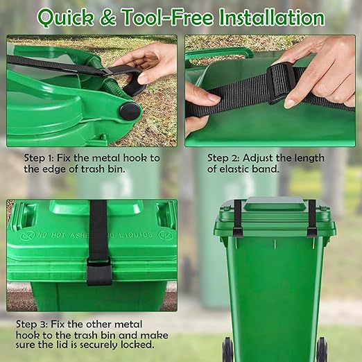 2PCS Trash Can Locks for Animals-Proof with Double Metal Hook, Adjustable Strap for 28-96 Gallon Garbage Bin Locks Against Raccoons, Squirrels, Outdoor Trash Can Lid Protection with Secure Buckle