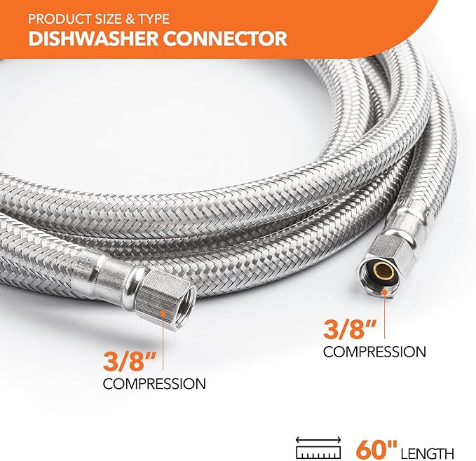 Universal Dishwasher Installation Kit, 3/8" Compression, 5ft long Braided Stainless Steel Hose + 3/4" Hose Bibb Elbow + 3/8" Compression Elbow & Compression Adaptor + 1/2" Compression Adaptor
