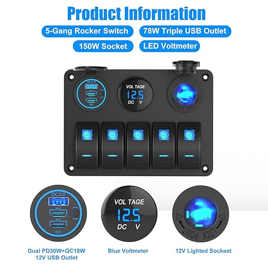Marine Boat Switch Panel Waterproof, 5 Gang Marine Rocker Switch Aluminum Panel with 3 Port 66W 12V USB Outlet Car Charger, 150W Cigarette Lighter Socket and Blue LED Voltmeter for Truck Car RV, etc.