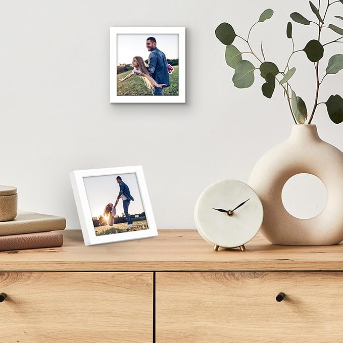 Americanflat 4x4 Picture Frame with Shatter-Resistant Glass - Streamline Collection - Thin Border Square Frame for Tabletop and Wall Display - Hanging Hardware and Easel Stand Included - White