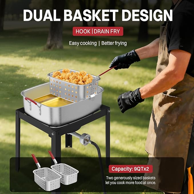 18QT Outdoor Propane Deep Fryer | Include 2 Baskets | Lid | 9" Fryer Tong | 6" Thermometer | Fish Fryer Pot with 50,000 BTU Propane Burner | Ideal for Fish, Chicken Wings & French Fries