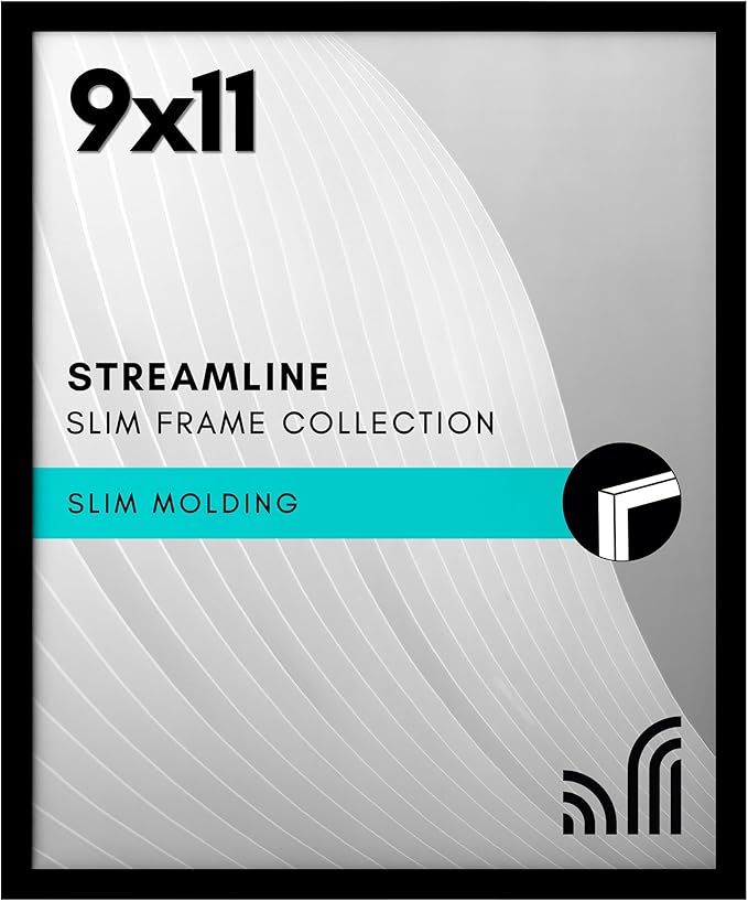Americanflat 9x11 Picture Frame with Shatter-Resistant Glass - Streamline Collection - Thin Border Photo Frame for Tabletop and Wall Display - Hanging Hardware and Easel Stand Included - Black