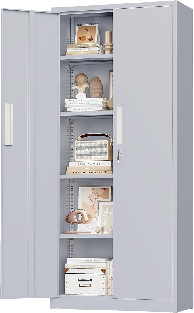 Crownland 63" Metal Storage Cabinet, Lockable Garage Storage Cabinets, High Office Cabinet with Adjustable Shelves for Garage, Home Office, Pantry, File(Cement Grey)