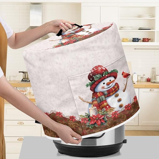 6 Quart Pressure Cooker Dust Cover with Top Handle and Storage Pocket Home Kitchen Decor Air Fryer Rice Cooker Stain-Resistant Cover Christmas Cute Snowman Print