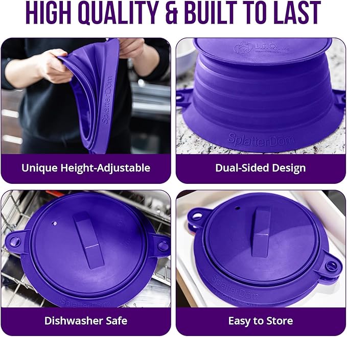 L.I.Q Silicone Splatter Guard – Fits 8 and 10 Inch Pots (20 and 25 Centimeters) – Microwave Safe and Durable SplatterDom - Includes 8” Lid - Food and Oil Splash Guard (Violet, Small)