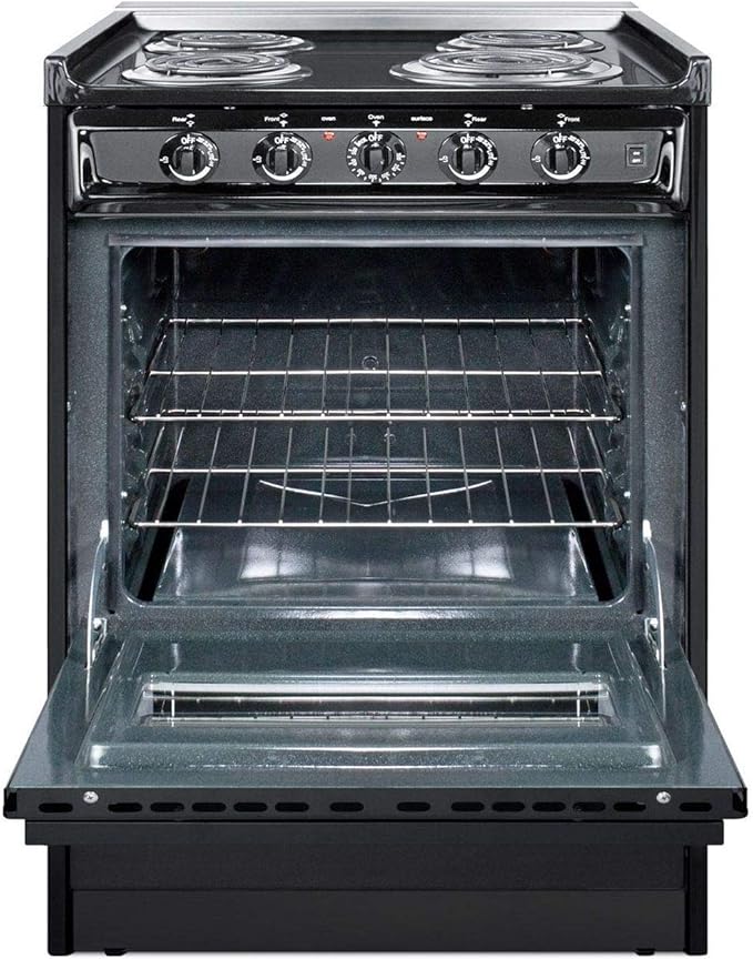 Summit Appliance TEM610CRW 24" Wide Slide-in Electric Range in Black with Oven Window, Light, Lower Storage Compartment, Broiler Pan, Chrome Drip Pans, Recessed Oven Door, Push-to-turn Burner Knobs
