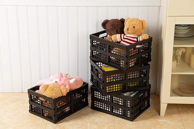 16L Plastic Collapsible Storage Crates,Folding Crates Storage,Pack of 4,Black