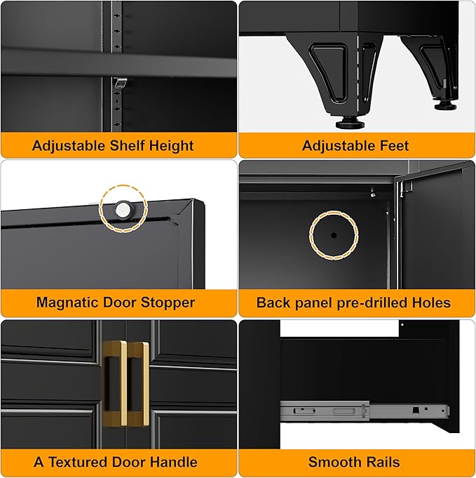 Kitchen Pantry Storage Cabinets, 90" Tall Metal Storage Cabinet with Doors and 3 Shelves, Black Pantry Cabinet with Drawer, Kitchen Cupboard, Large Steel Cabinets for Dining Room, Office, Living Room