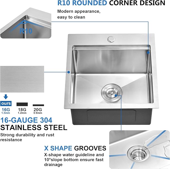 Scamall 18x18x10 Drop In Kitchen Sink Workstation, Brushed Silver 304 Stainless Steel Deep Single Bowl with Quick Drainage & Tarnish-Free Surface for Bar, Laundry, RV, Includes Accessories