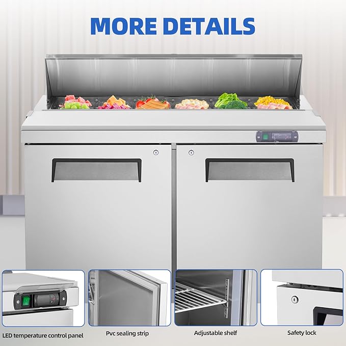 48" W Commercial Refrigerator Sandwich Salad Prep Table, Sandwich Prep Table Refrigerator, Salad Bar Buffet Station For Home with 2 Shelves, Sandwich Prep Table with 12 Pans for Restaurant