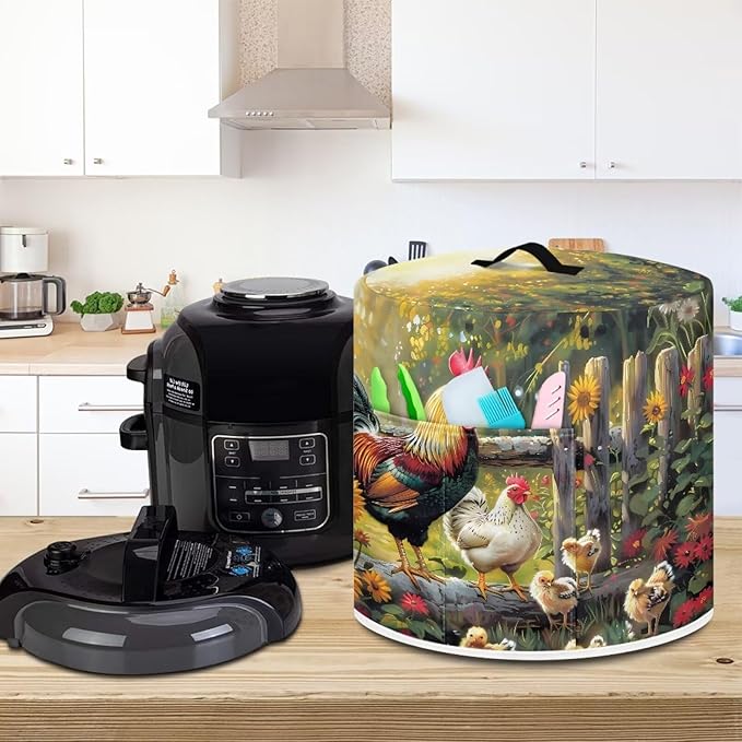 Small Appliance Covers for 3 Quart Air Fryer & Pressure Cooker Air Fryer Cover Dust Cover, Easy to Clean Kitchen Appliance Accessories with Pockets, Rooster Flower