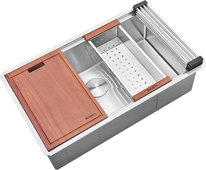 Ruvati 30-inch Round Corner Undermount 16 Gauge Stainless Steel Workstation Kitchen Sink Single Bowl – Soundproof Multifunction Chef Sink with Cutting Board & Accessories – RVH8320