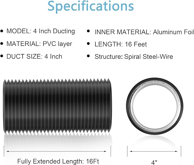 Dryer Vent Hose, 4'' Flexible Duct 16FT with 2 Duct Clamps, Heavy-Duty Three Layer Protection for HVAC Ventilation, Duct Fan Systems