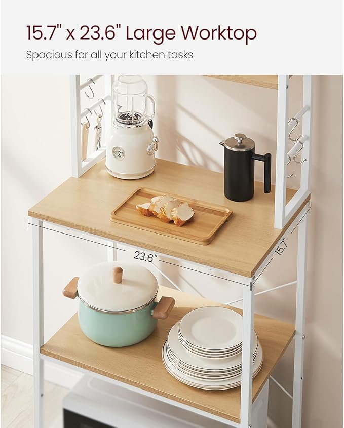 VASAGLE Coffee Bar, 23.6 Inches Baker's Rack for Kitchen with Storage, 6-Tier Kitchen Shelves with 6 Hooks, Microwave Stand, Modern, Golden Oak and Cloud White UKKS024W09