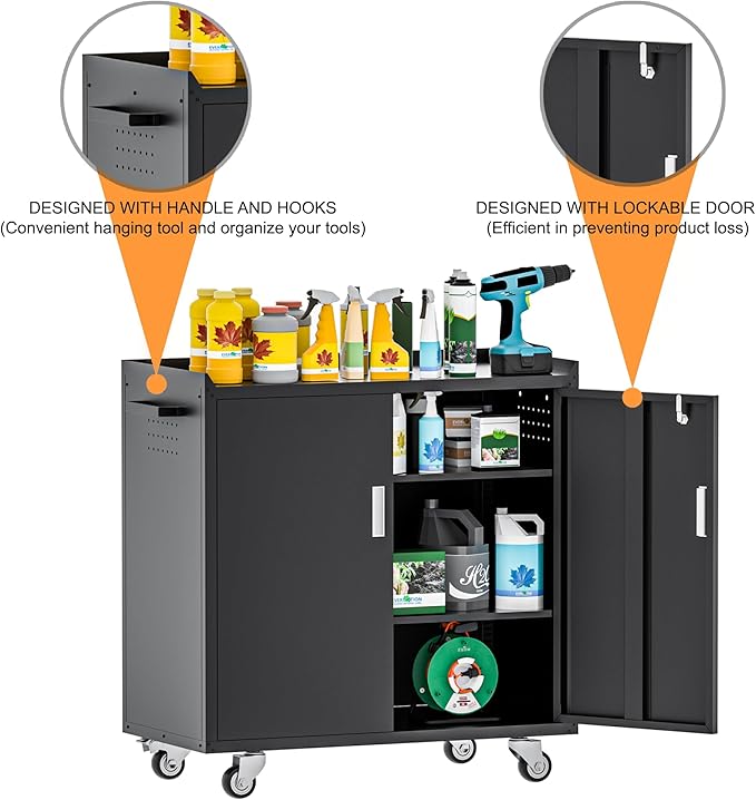 Black Garage Cabinet with Wheels,Metal Storage Cabinet,Lockable Storage Cabinet with Doors and Adjustable Shelves,Tool Chest,Rolling Metal Tool Cabinets for Garage,Warehouse,Basement