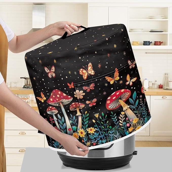 Small Appliance Covers for Air Fryer & Pressure Cooker, Appliance Dust Covers with Pockets Fits Pressure Cooker (6 Quart) and Extra Accessories - Butterfly Mushroom