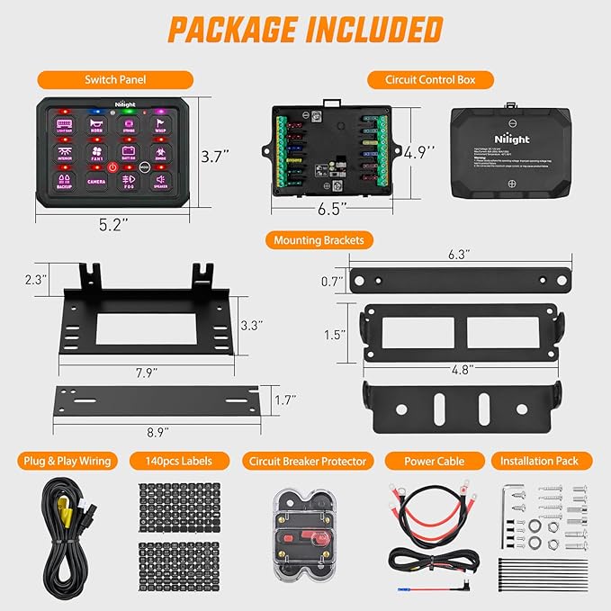 Nilight 12 Gang Switch Panel Circuit Control Relay System RGB Backlight Fuse Wiring Harness Toggle Momentary Strobe Flash Modes Automatic Dimmable 12V 24V for Car Truck Camper SUV