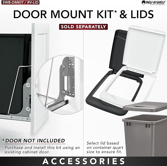 Rev-A-Shelf RV-18KD-11RC-S Double Pullout Trash Can for Kitchen Cabinets 35 Qt Garbage Recycling Bin on Full Extension Slide, Blue/White