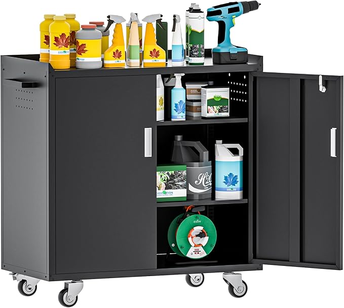 Black Garage Cabinet with Wheels,Metal Storage Cabinet,Lockable Storage Cabinet with Doors and Adjustable Shelves,Tool Chest,Rolling Metal Tool Cabinets for Garage,Warehouse,Basement