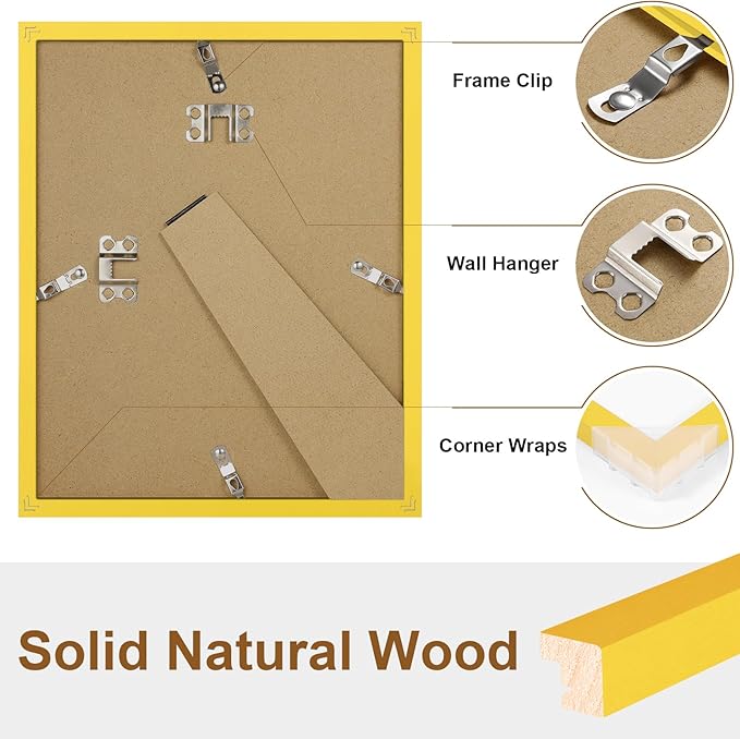 Vittanly 8x10 Picture Frame Set of 2, Solid Wood Frame for Wall or Tabletop, Display Photo 5x7 with Mat or 8x10 without Mat, Yellow