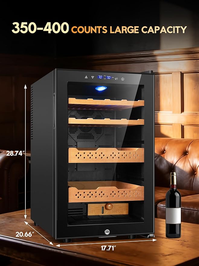 Electric Humidor 70L,400 Counts Capacity,Smart Temp & Humidity Control (59-72°F, 60-75% RH),Digital LED Screen,Safety Lock,Thermostatic Cooler Gift for Men