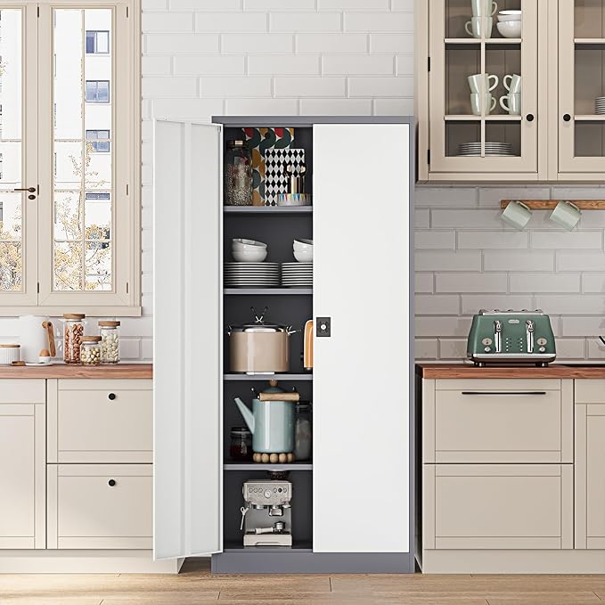 Metal Storage Cabinet-72” Tall Steel File Cabinets with Lockable Doors and Adjustable Shelves-White&Gray Steel Storage Cabinet for Home Kitchen, Office, Garage