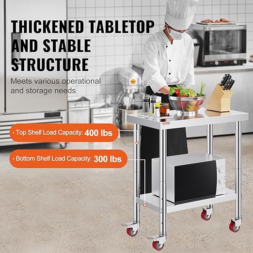 Mophorn Stainless Steel Work Table with Wheels 30 L* 24 W * 33 H Inch Prep Table with 4 Casters Heavy Duty Work Table for Commercial Kitchen Restaurant Business, Silver and Black