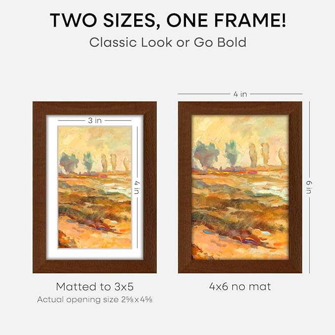 Homeforia 4x6 Brown Picture Frame, High End Dark Oak 4x6 Wooden Frames with Mat 3x5 Photo, 4 x 6 Walnut Wood Frame Matted to 3 x 5 Print, 6x4 Wall or Tabletop Frame, Tempered Glass, Wall Kit, Set of 3
