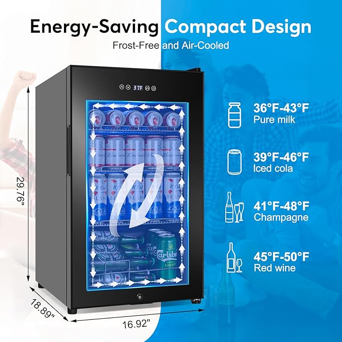 Beverage Refrigerator 17 inch Wide - 126 Can Beverage Cooler with Glass Door | Counter-Top/Freestanding Mini Beverage Beer Fridge | Temperature Memory | Invisible Door | Perfect for Soda, Beer