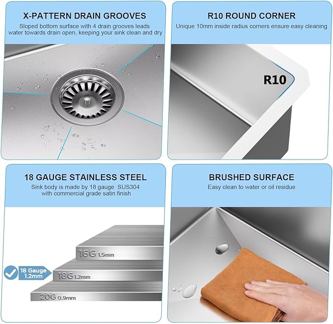 15-Inch Drop in Kitchen Sink Handmade Topmount 16 Gauge 304 Stainless Steel Single Bowl Kitchen Workstation Sink in 10-inch-Depth 15"x15"x10"