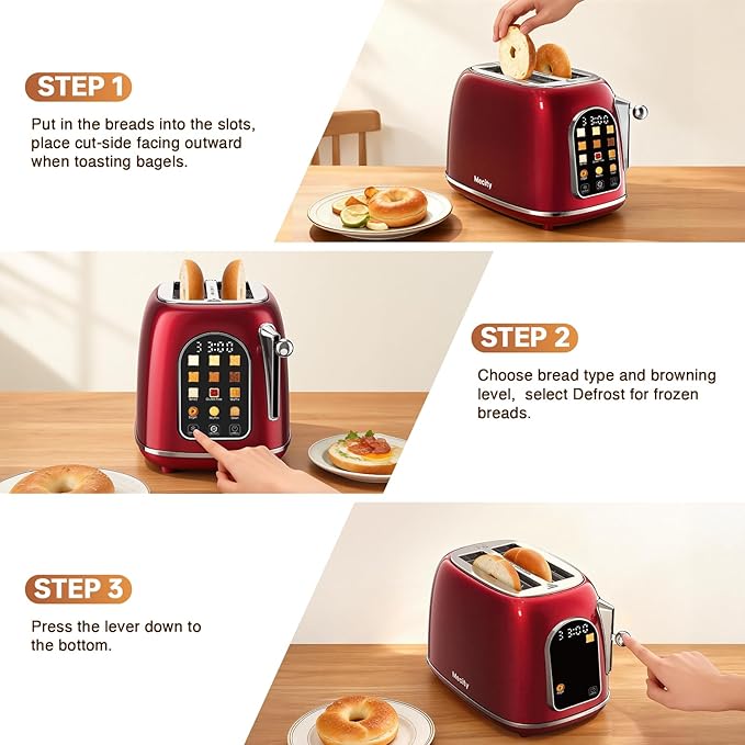 Mecity Toaster 2 Slice, Touch Screen Wide Slot Retro Toaster For Breads Bagel Muffin Waffle, House Warming Gift New Home, 120V 825W, Red Pearl