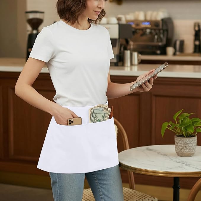 BOHARERS Waist Apron with 3 Pockets - Black Waitress Waiter Server Short Aprons