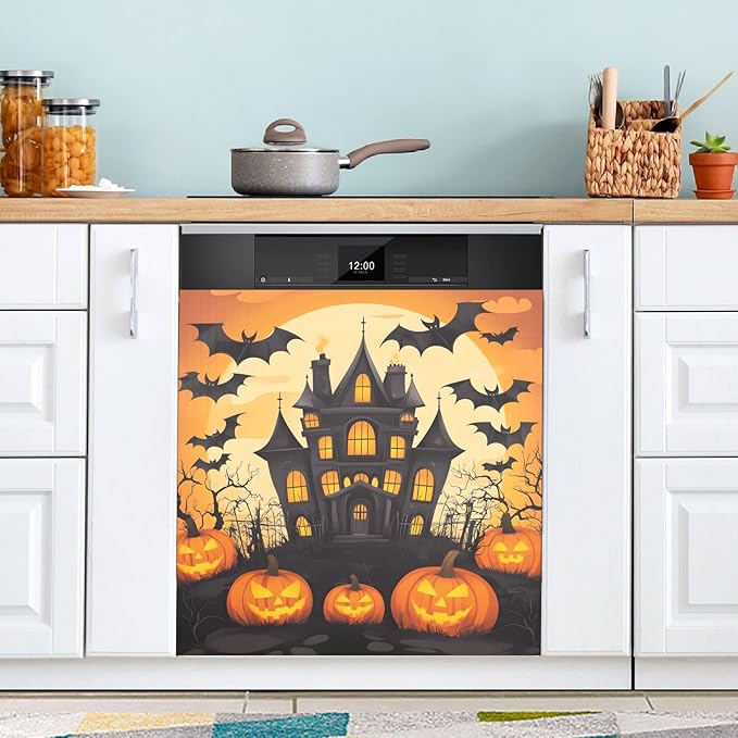 Halloween Castle Pumpkin Dishwasher Magnet Cover Panel,Magnetic Dishwasher Covers Refrigerator Sticker Decal Halloween Decorative Washing Machine Cover for Home Kitchen,23x26in