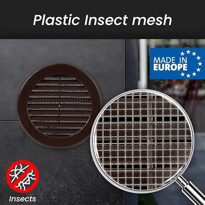 Repa Market 4 Inch (Opening) Brown Round Air Vent Cover - Pack of 5 Plastic Fresh Air Intake Vent - AC Cover with Nylon Mesh Screen - Wall, Ceiling HVAC Return Air Register - Modern Soffit Vents